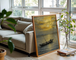 Golden Sunset Fishing Boat Print – Serene Nautical Wall Art, Peaceful Ocean Scene Painting, Coastal Decor for Living Room or Beach House - Just Great Posters