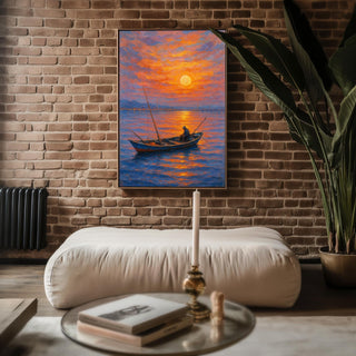 Colorful Sunset Boat Painting – Vibrant Fisherman Ocean Wall Art, Impressionist Coastal Decor for Beach Home, Office or Living Room - Just Great Posters