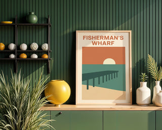 Fisherman’s Wharf Poster – Minimalist Coastal Wall Art with Pier and Sunset, Retro Beach Travel Print for Seaside Home or Nautical Decor - Just Great Posters