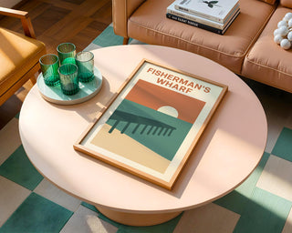 Fisherman’s Wharf Poster – Minimalist Coastal Wall Art with Pier and Sunset, Retro Beach Travel Print for Seaside Home or Nautical Decor - Just Great Posters