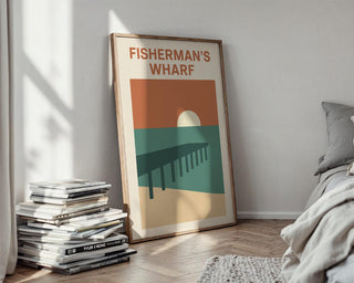 Fisherman’s Wharf Poster – Minimalist Coastal Wall Art with Pier and Sunset, Retro Beach Travel Print for Seaside Home or Nautical Decor - Just Great Posters