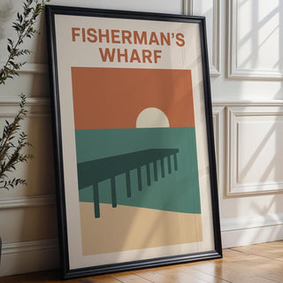 Fisherman’s Wharf Poster – Minimalist Coastal Wall Art with Pier and Sunset, Retro Beach Travel Print for Seaside Home or Nautical Decor - Just Great Posters