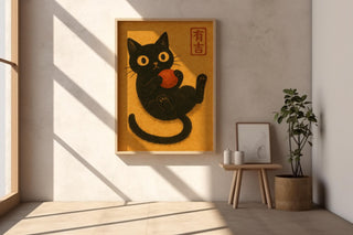 Black Cat Japanese Poster – Kawaii Watercolor Style Cat Wall Art, Cute Feline and Red Ball Print for Cozy Decor - Just Great Posters