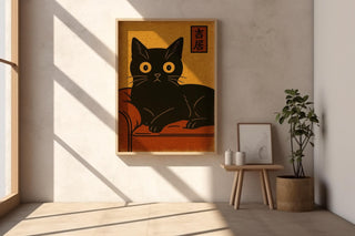Black Cat Couch Poster – Vintage Japanese Minimalist Style Feline Wall Art, Retro Zen Cat Print for Calm, Cozy, or Cat - Lover Decor - Just Great Posters