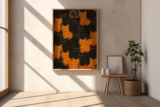 Orange and Black Cats Art Print – Retro Feline Wall Poster for Cat Lovers, Bold Graphic Pattern for Bedroom, Office or Gallery Wall - Just Great Posters