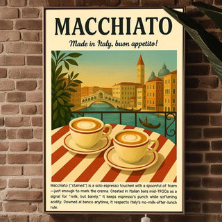 Italian Macchiato Art Print – Retro Coffee Poster with Venice View, Espresso Wall Art for Kitchen, Café or Barista Gift - Just Great Posters