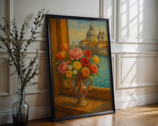 Venetian Flower Vase Art Print – Romantic Italy Window View Poster, Impressionist Floral Wall Art - Just Great Posters