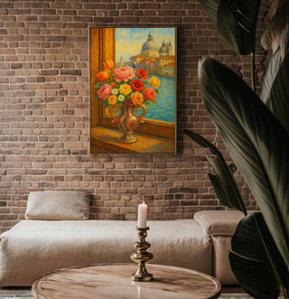 Venetian Flower Vase Art Print – Romantic Italy Window View Poster, Impressionist Floral Wall Art - Just Great Posters
