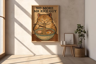 Funny Ramen Cat Poster – No More Mr. Rice Guy, Japanese Food Pun Wall Art, Kawaii Noodle Print - Just Great Posters