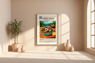 Greek Salad Poster Print – Mediterranean Recipe Wall Art, Colorful Food Illustration for Kitchen or Cafe - Just Great Posters