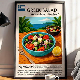 Greek Salad Poster Print – Mediterranean Recipe Wall Art, Colorful Food Illustration for Kitchen or Cafe - Just Great Posters
