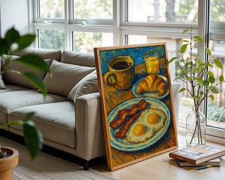 Bold Breakfast Art Print | Bacon Eggs Coffee Croissant Painting in Post - Impressionist Style | Colorful Kitchen Wall Art for Food Lovers - Just Great Posters