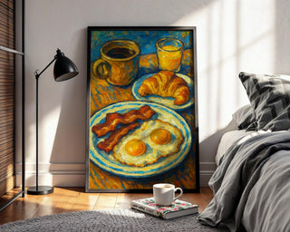 Bold Breakfast Art Print | Bacon Eggs Coffee Croissant Painting in Post - Impressionist Style | Colorful Kitchen Wall Art for Food Lovers - Just Great Posters