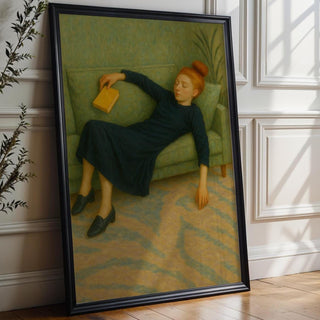 Sleeping Girl on Sofa Art Print | Soft Modern Figurative Painting with Book | Cozy Minimalist Wall Art for Reading Lovers & Introverts - Just Great Posters