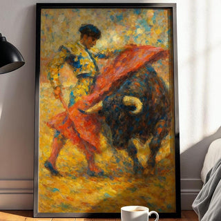 Matador & Bull Art Print | Bold Expressionist Bullfighting Painting with Vibrant Brushwork | Dynamic Spanish - Inspired Wall Decor - Just Great Posters