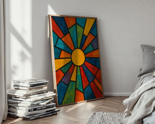Abstract Sunburst Art Print | Bold Geometric Wall Art in Stained Glass Style | Retro Modern Colorful Poster for Living Room or Studio - Just Great Posters