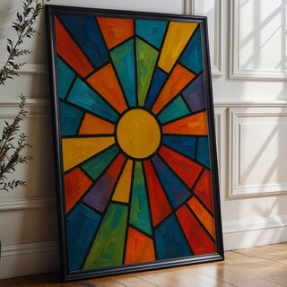 Abstract Sunburst Art Print | Bold Geometric Wall Art in Stained Glass Style | Retro Modern Colorful Poster for Living Room or Studio - Just Great Posters