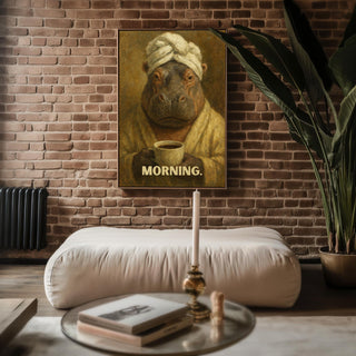 Funny Hippo Morning Coffee Art Print | Moody Animal Portrait in Robe & Towel | Quirky Wall Art for Kitchens, Offices, Coffee Corners - Just Great Posters