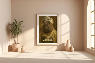 Funny Hippo Morning Coffee Art Print | Moody Animal Portrait in Robe & Towel | Quirky Wall Art for Kitchens, Offices, Coffee Corners - Just Great Posters