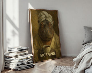 Funny Hippo Morning Coffee Art Print | Moody Animal Portrait in Robe & Towel | Quirky Wall Art for Kitchens, Offices, Coffee Corners - Just Great Posters