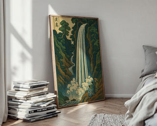 Japanese Waterfall Art Print | Vintage Landscape Poster in Ukiyo - e Style | Tranquil Nature Wall Art for Zen Spaces & Classic Homes - Just Great Posters