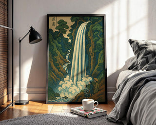 Japanese Waterfall Art Print | Vintage Landscape Poster in Ukiyo - e Style | Tranquil Nature Wall Art for Zen Spaces & Classic Homes - Just Great Posters
