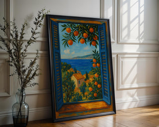 Mediterranean Window Art – Coastal Landscape Poster with Sea View, Orange Trees & Villas, Serene European Travel Wall Print - Just Great Posters