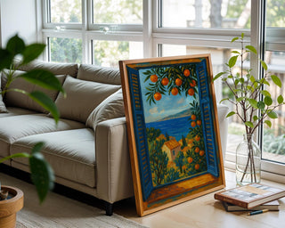 Mediterranean Window Art – Coastal Landscape Poster with Sea View, Orange Trees & Villas, Serene European Travel Wall Print - Just Great Posters