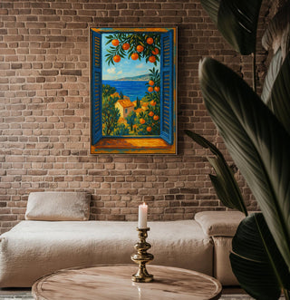 Mediterranean Window Art – Coastal Landscape Poster with Sea View, Orange Trees & Villas, Serene European Travel Wall Print - Just Great Posters