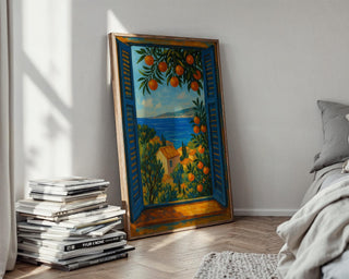 Mediterranean Window Art – Coastal Landscape Poster with Sea View, Orange Trees & Villas, Serene European Travel Wall Print - Just Great Posters
