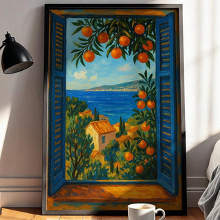 Mediterranean Window Art – Coastal Landscape Poster with Sea View, Orange Trees & Villas, Serene European Travel Wall Print - Just Great Posters