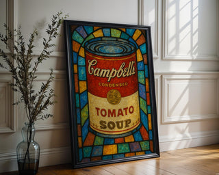 Pop Art Soup Can Poster – Warhol - Inspired Campbell’s Tomato Soup Print in Stained Glass Style, Bold Retro Kitchen Wall Art - Just Great Posters
