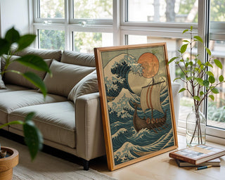 Viking Ship Ocean Poster – Epic Norse Mythology Wall Art with Hokusai Wave & Red Sun, Bold Scandinavian - Inspired History Print - Just Great Posters