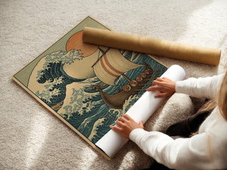 Viking Ship Ocean Poster – Epic Norse Mythology Wall Art with Hokusai Wave & Red Sun, Bold Scandinavian - Inspired History Print - Just Great Posters