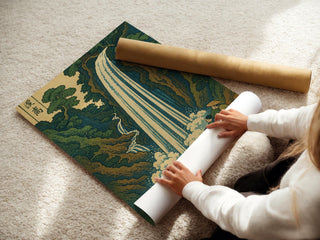 Japanese Waterfall Art Print | Vintage Landscape Poster in Ukiyo - e Style | Tranquil Nature Wall Art for Zen Spaces & Classic Homes - Just Great Posters