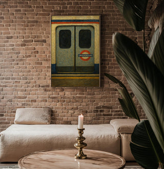 London Tube Train Art – Minimalist Underground Poster with Closed Doors and Red Roundel, Moody Metro Print for Urban Decor Lovers - Just Great Posters