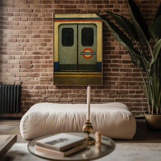 London Tube Train Art – Minimalist Underground Poster with Closed Doors and Red Roundel, Moody Metro Print for Urban Decor Lovers - Just Great Posters