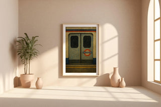 London Tube Train Art – Minimalist Underground Poster with Closed Doors and Red Roundel, Moody Metro Print for Urban Decor Lovers - Just Great Posters