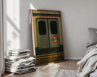 London Tube Train Art – Minimalist Underground Poster with Closed Doors and Red Roundel, Moody Metro Print for Urban Decor Lovers - Just Great Posters