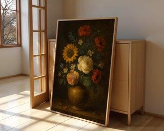 Vintage Floral Still Life Print – Dutch - Inspired Dark Academia Flower Art with Rustic Vase - Just Great Posters