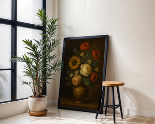 Vintage Floral Still Life Print – Dutch - Inspired Dark Academia Flower Art with Rustic Vase - Just Great Posters