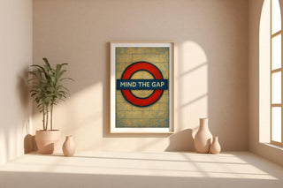 Mind the Gap Poster – London Underground Sign Print in Retro Painterly Style, Bold Red Roundel Wall Art for Travel or City Lovers - Just Great Posters
