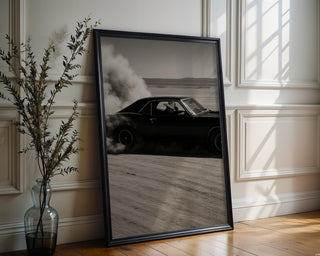Cowboy Muscle Car Print – Black & White Desert Drift Photo with Smoke Trail, Western Noir Wall Art for Vintage Americana Vibes - Just Great Posters