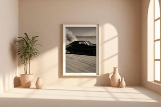 Cowboy Muscle Car Print – Black & White Desert Drift Photo with Smoke Trail, Western Noir Wall Art for Vintage Americana Vibes - Just Great Posters