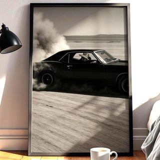 Cowboy Muscle Car Print – Black & White Desert Drift Photo with Smoke Trail, Western Noir Wall Art for Vintage Americana Vibes - Just Great Posters