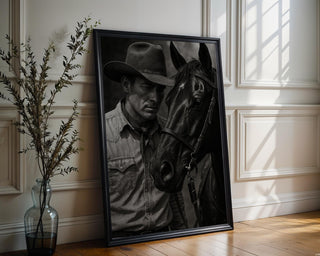 Cowboy & Horse Photo – Intimate Western Portrait in Black and White, Moody Americana Print for Ranch Style or Rustic Home Decor - Just Great Posters