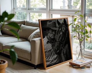 Cowboy & Horse Photo – Intimate Western Portrait in Black and White, Moody Americana Print for Ranch Style or Rustic Home Decor - Just Great Posters