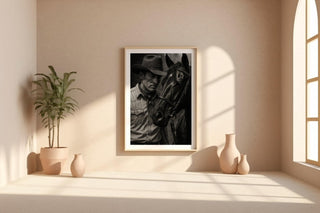 Cowboy & Horse Photo – Intimate Western Portrait in Black and White, Moody Americana Print for Ranch Style or Rustic Home Decor - Just Great Posters