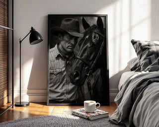 Cowboy & Horse Photo – Intimate Western Portrait in Black and White, Moody Americana Print for Ranch Style or Rustic Home Decor - Just Great Posters
