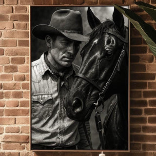 Cowboy & Horse Photo – Intimate Western Portrait in Black and White, Moody Americana Print for Ranch Style or Rustic Home Decor - Just Great Posters